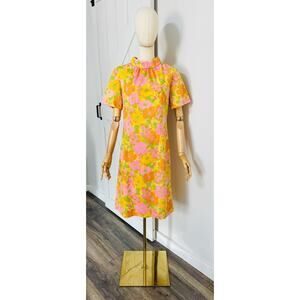 Vintage 70s Handmade Psychedelic Floral Dress Boho Mod High Neck Zipper Size S/M
